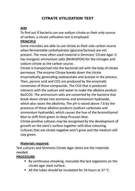 Citrate Test Protocol.